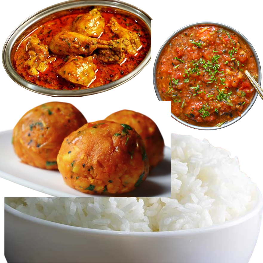 TRIBAL CHICKEN THALI [RICE,ALOO CHOKHA,{CHICKEN-2 PCS}, CHATNI]